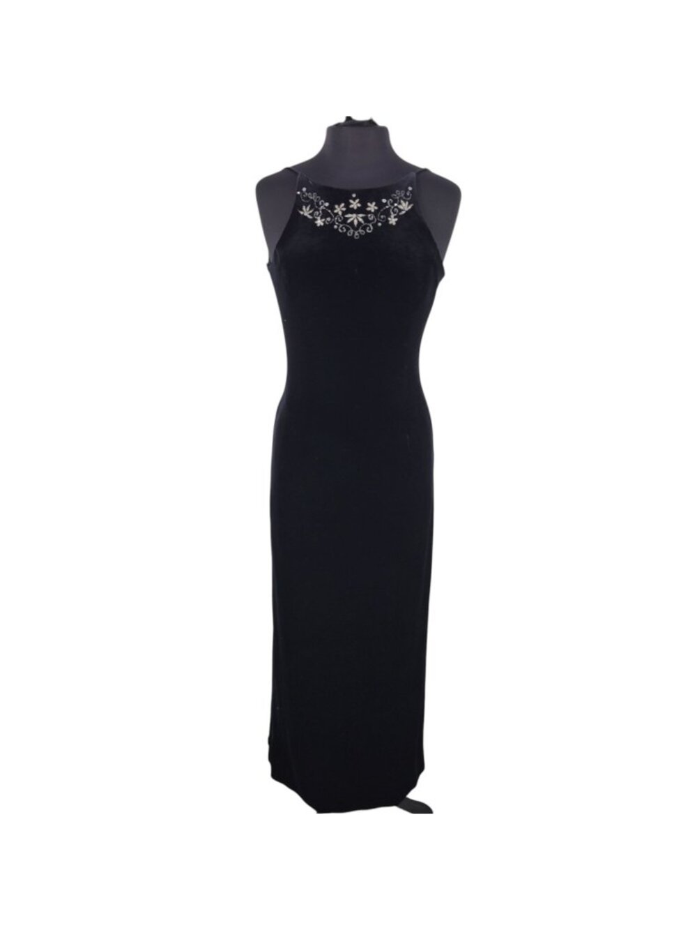 vtg Dave & Johnny 9/10 Black Velvet Maxi Gown Embroidered Open Back whimsigoth